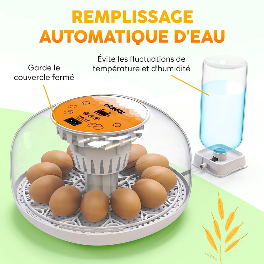 M12 Couveuse Oeuf Automatique - Contrôle Humidité, Réglage Température, Couveuse Automatique 12/24 œufs - Incubateur Auto - Vue 360°, facile à utiliser et nettoyer - Blanc et Orange