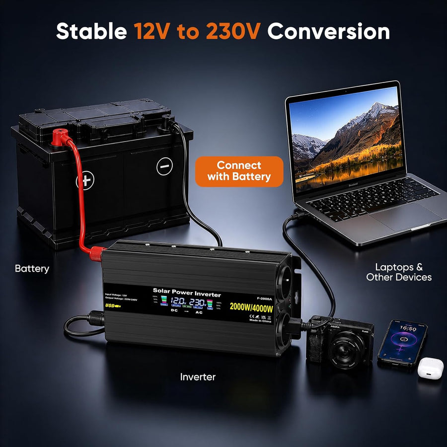 Convertisseur Pur Sinus Pro 2000W/4000W 12V 220V/230V de Tension Volts Voiture Solaire Power Inverter sinusoïdale DC AC, Onduleur Transformateur