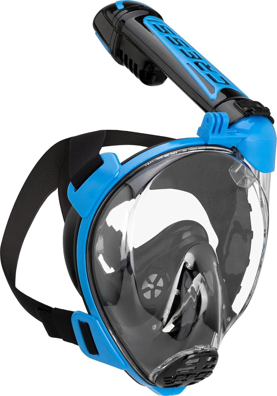 CRESSI Duke Action Full Face Mask - Masque intégral CO2 Safe Grande Vision Snorkeling No Fog avec Tuba Dry et Support Action Cam - Noir/Bleu - M/L