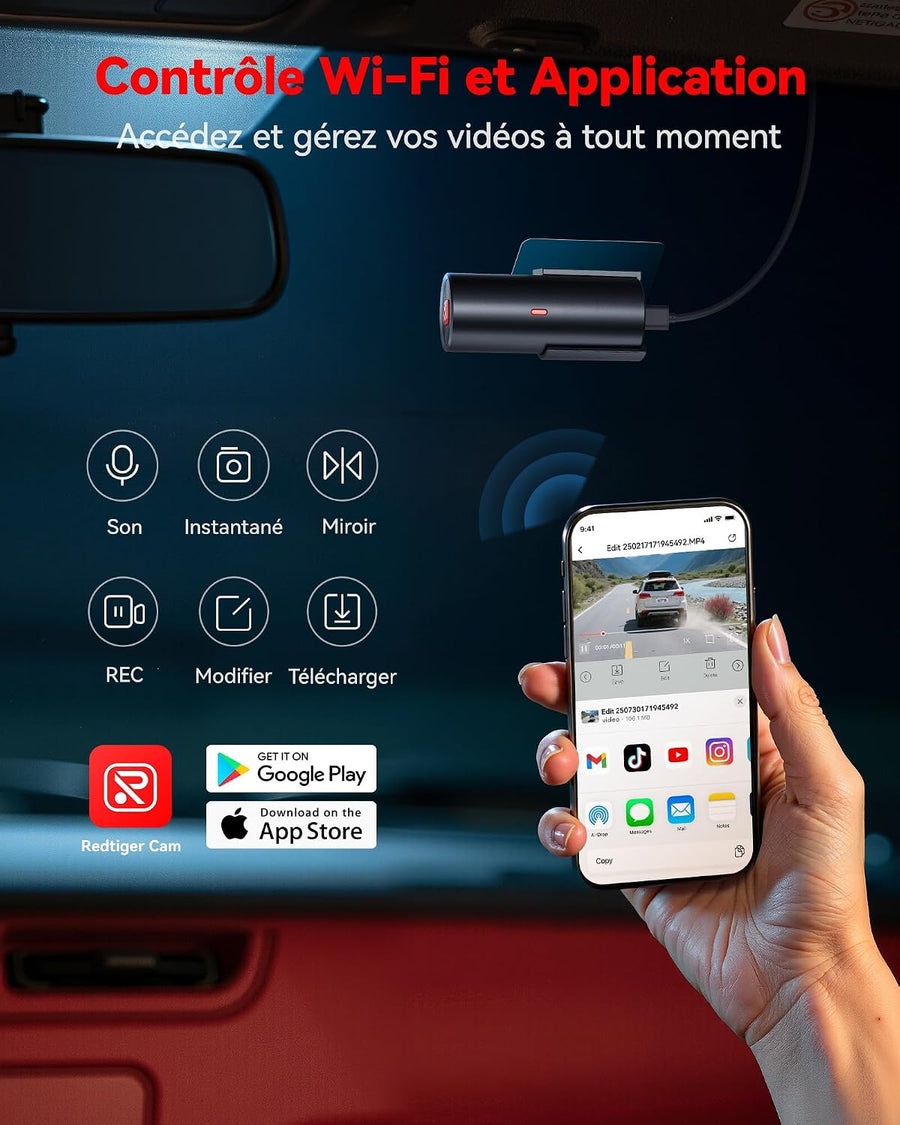 REDTIGER F11 Dashcam Voiture 4K, WiFi & Contrôle via App, Vision Nocturne, WDR, Mini Caméra Embarquée Discrète, Enregistrement en Boucle & Mode Stationnement 24H, Plug & Play, Sans Carte SD, Max 256Go