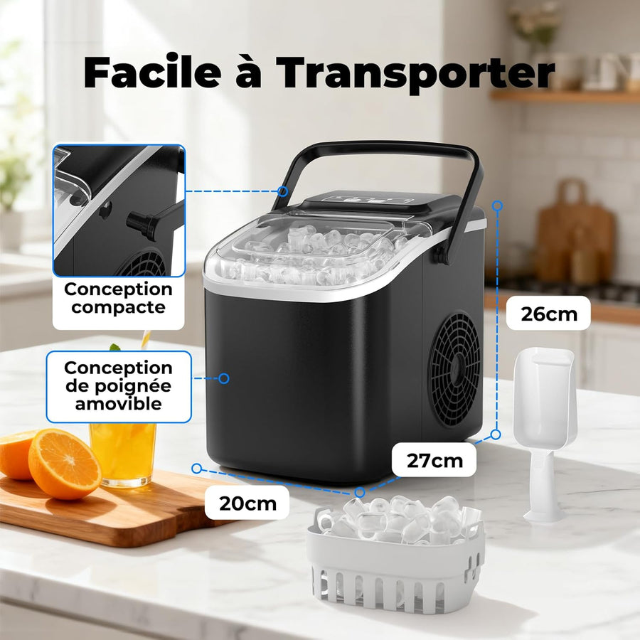 Machine à Glaçons, 12kg en 24h, Portable Machine a Glacons avec Cuillère à Glace, 8 Glaçons en 6-8 Minutes, Autonettoyante