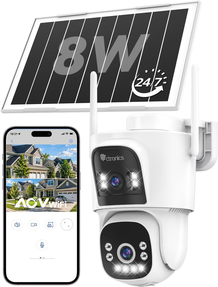 Ctronics Camera Surveillance Solaire AOV Double Objectif,WiFi Extérieure 3MP+3MP Enregistrement 24/7, 8W & 15600mAh, 30m Détection Humaine Suivi Auto, Vision Nocturne, PTZ 355° IP66