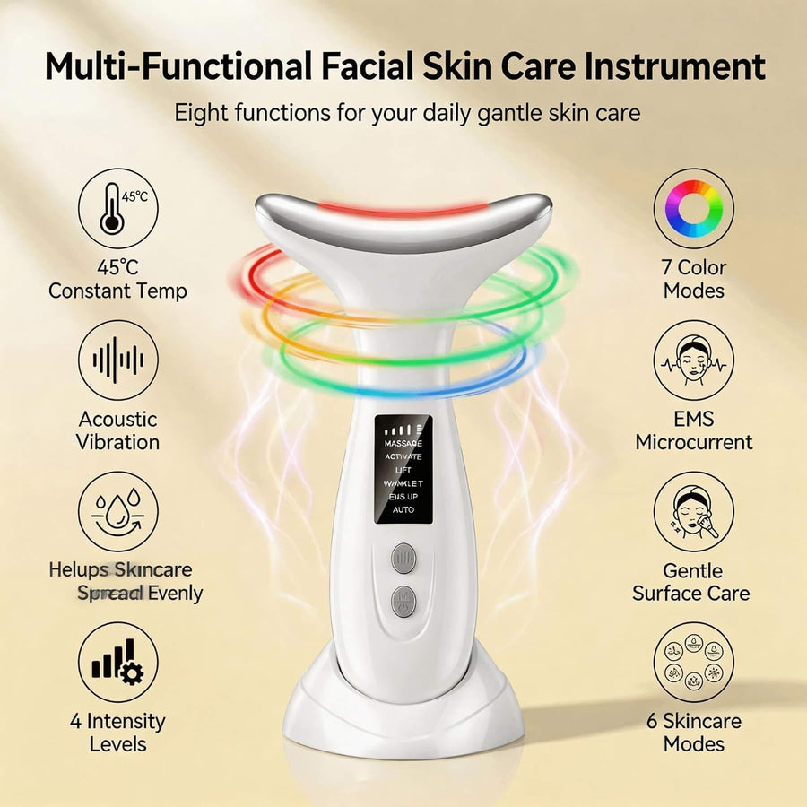Masseur Visage EMS 7 Couleurs LED, Chaleur 45°C, 6 Modes 4 Intensités, Électrique pour Cou Visage Yeux, Rechargeable USB-C