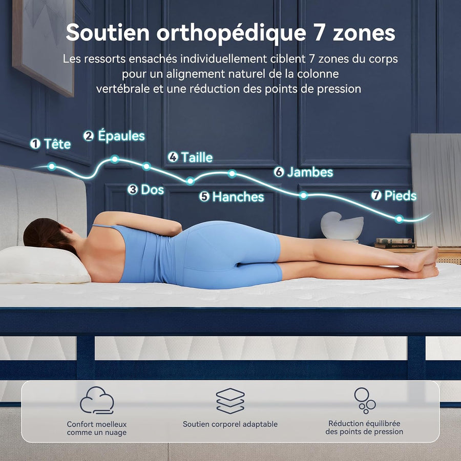 Matelas 120x200, 26 cm Hybride à Ressorts Ensachés et Mémoire de Forme Soutien Mi-Ferme, Confort Rafraîchissant, Isolation des Mouvements, Tissu 3D Respirant, Bords Renforcés, Matelas en Boîte