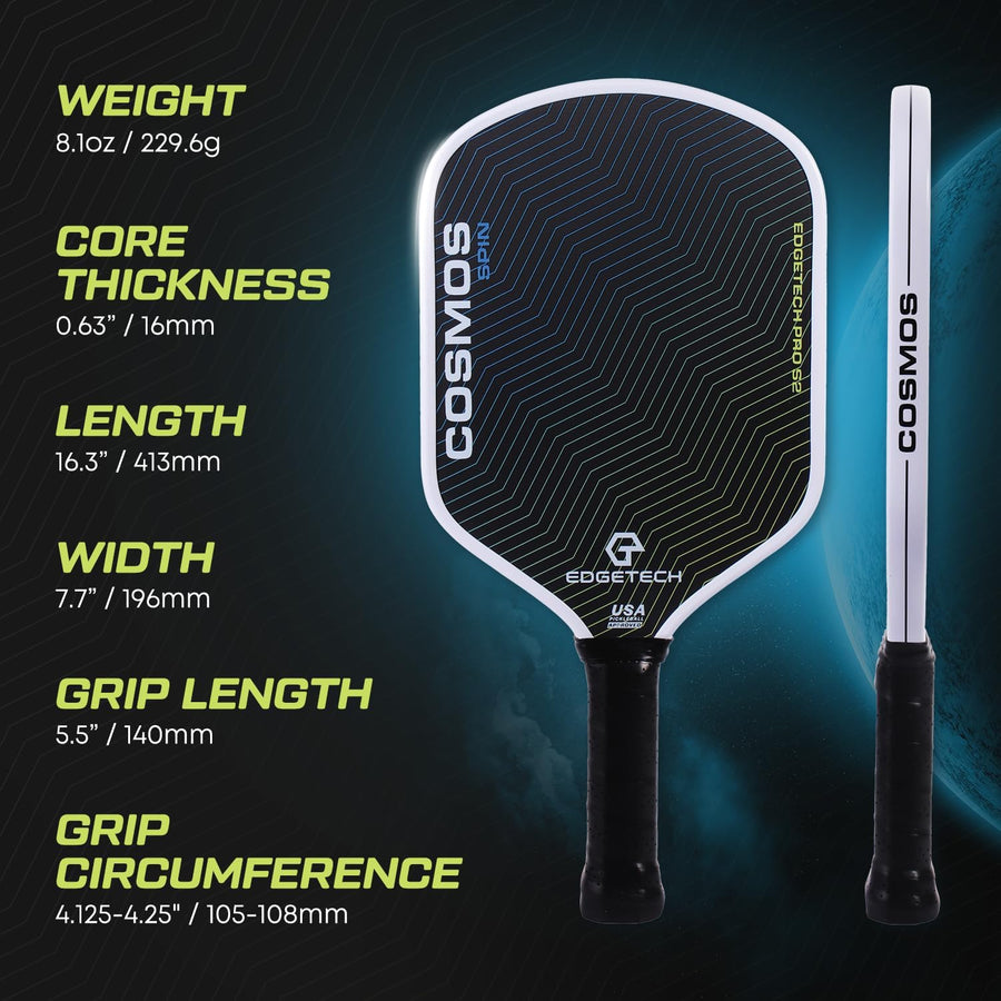 Cosmos Spin | EdgeTech Pickleball 16 mm | Surface double couche – Base tissée en titane – Surface en fibre de carbone brut T700 | Rainures d'orbite pour le contrôle et la rotation