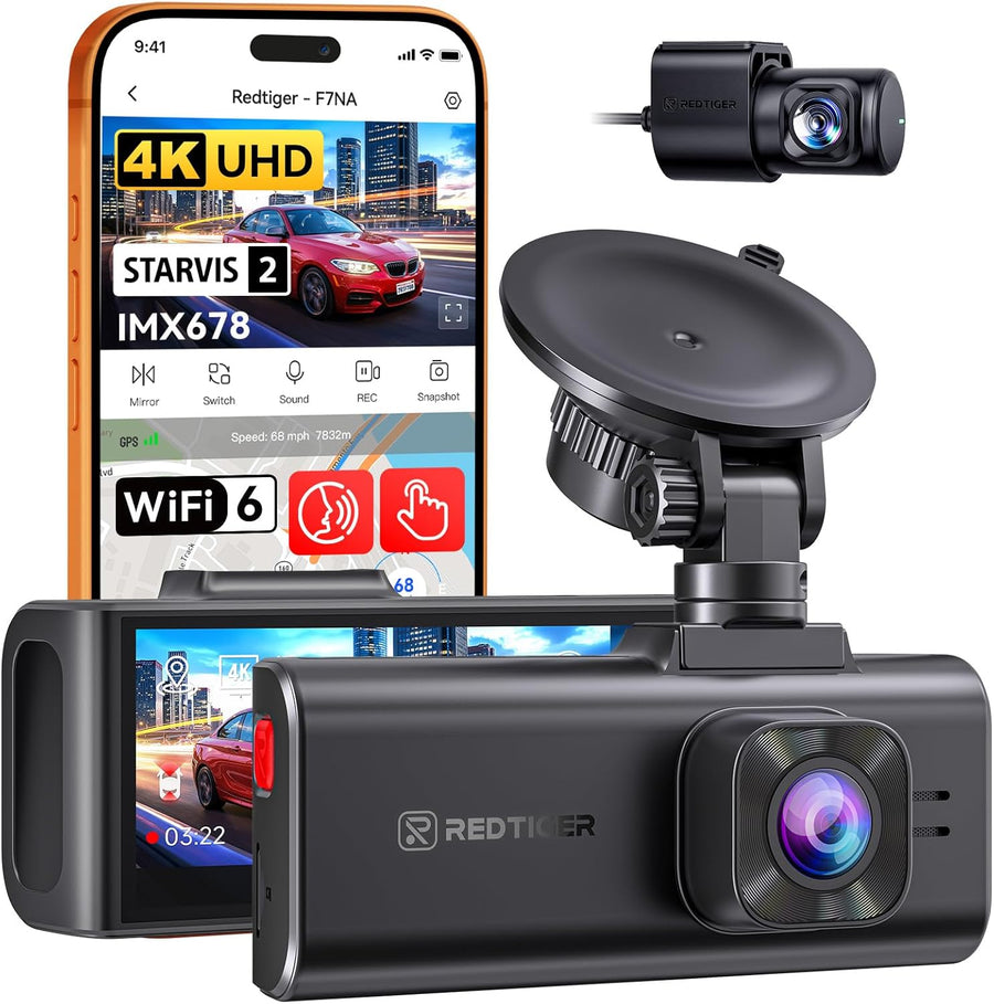 Caméra embarquée F7NA 4K Avant et arrière, STARVIS 2 IMX678, 8 MP, WiFi 5 GHz (téléchargement Rapide de 20 Mo/s), caméra de Voiture à Commande vocale, WDR, Vision Nocturne HDR, GPS