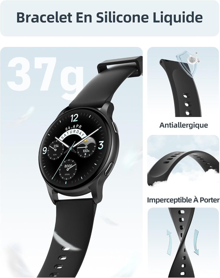 Montre Connectée Bluetooth Ecran 1,27" Fréquence Cardiaque 100 Modes Sport Étanche IP67 NOIR