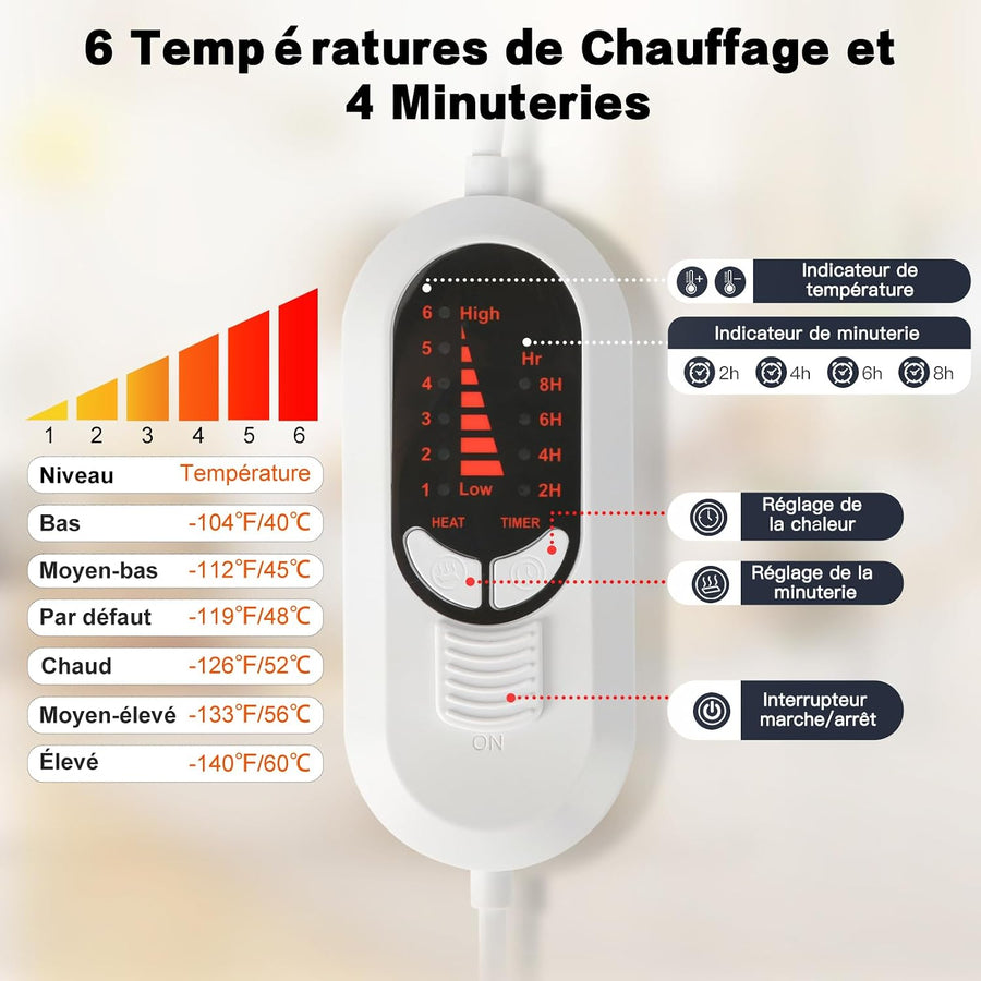 Chauffe-pieds Électrique avec Ouverture Élastique, Design Séparé Chausson Chauffant Électrique, 6 Températures, 4 Minuteurs, Câble de 2,3 m, Réchauffement Rapide pour les Pieds Froids