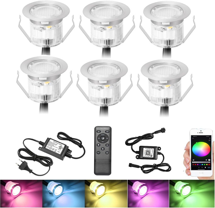Lot de x6 Spots LED WiFi Bluetooth Encastrable au sol Extérieur Interieur Ø30MM 12V RGB Étanche IP67 Spot Encastrable Led avec Télécommande,LED Lumières éclairage pour Terrasse et patio