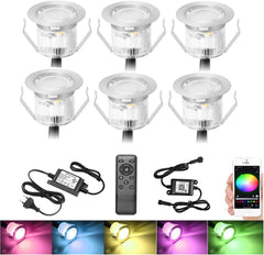 Lot de x6 Spots LED WiFi Bluetooth Encastrable au sol Extérieur Interieur Ø30MM 12V RGB Étanche IP67 Spot Encastrable Led avec Télécommande,LED Lumières éclairage pour Terrasse et patio