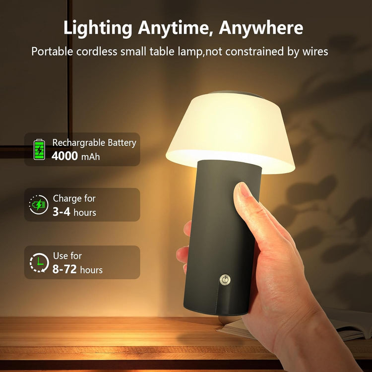 Lampe de Table LED Sans Fil Lampe Champignon Tactile Dimmable Batterie Rechargeable Etanche NOIR