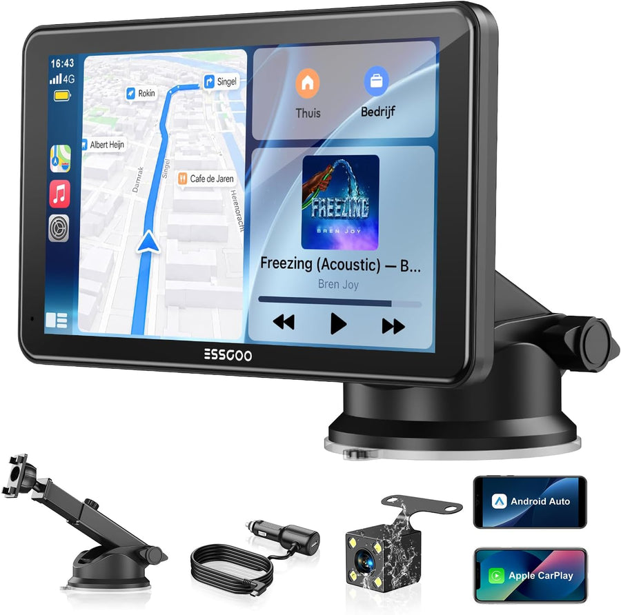 ESSGOO 7 Pouces Écran Voiture CarPlay sans Fil avec Caméra de Recul HD Android Auto Apple CarPlay,Portable Autoradio,Écran Tactile IPS,Mirror Link,Bluetooth 5.3,Commande Vocale,Navigation GPS,AUX