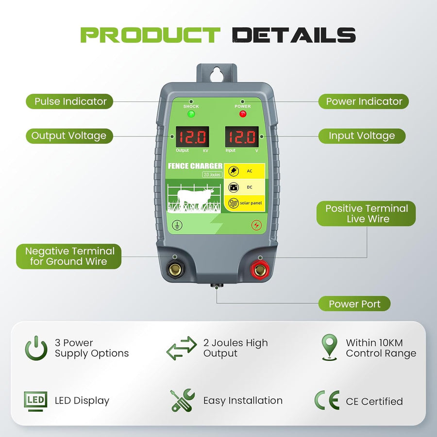 Dispositif de clôture électrique 2J 10 km Range de commande Energizer de clôture électrique étanche avec affichage LED 3 options d'alimentation pour les agriculteurs, les éleveurs
