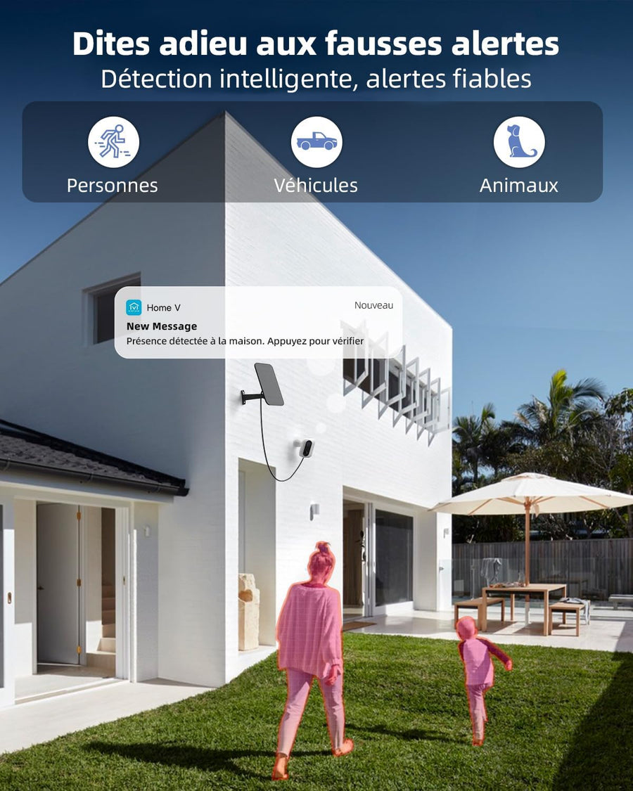 Caméra Surveillance Extérieure WiFi sans Fil, Solaire, Double Objectif & PIR, Vision Nocturne Couleur, Audio Bidirectionnel, Batterie, IP65, Stockage Cloud/SD KAKI