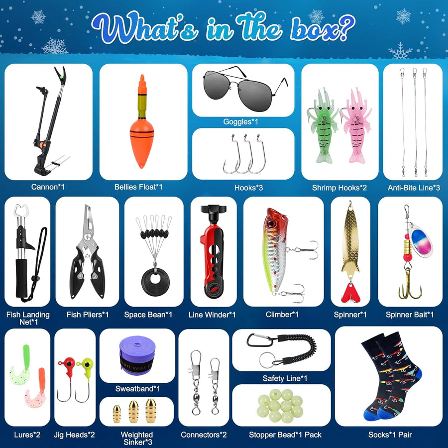 Calendrier de l'Avent 2025 Peche, Calendrier Compte à Rebours Noel avec 24 Outils et Equipements de Pêche, Cadeau Surprise Noël