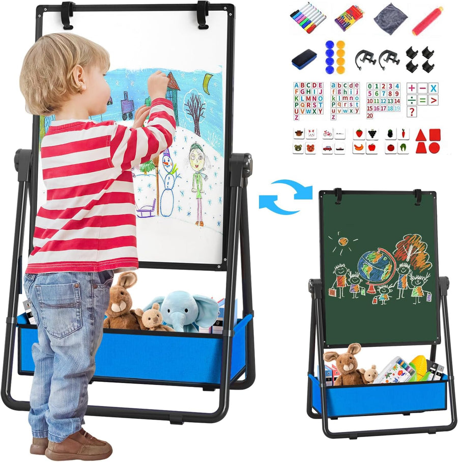 Chevalet Enfant Double Face Réglable 360° - Tableau Blanc & Noir avec Pince à Dessin - Cadeau Créatif