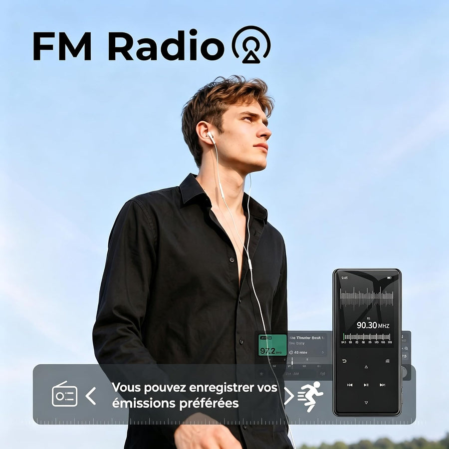 Lecteur MP3 64Go avec Bluetooth 5.3, Haut-Parleur intégré, Écran 2,4 Pouces Avec radio FM, enregistreur,Cadre central en métal,boutons tactiles, compatible avec les cartes mémoire jusqu'à 128 Go