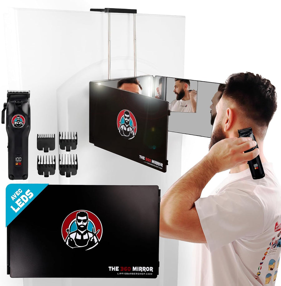 Kit : tondeuse miroir 360 LED 3 voies pour coiffeur Kit : miroir de barbier à trois voies + tondeuse professionnelle sans fil avec autonomie de 3 heures, 4 protections