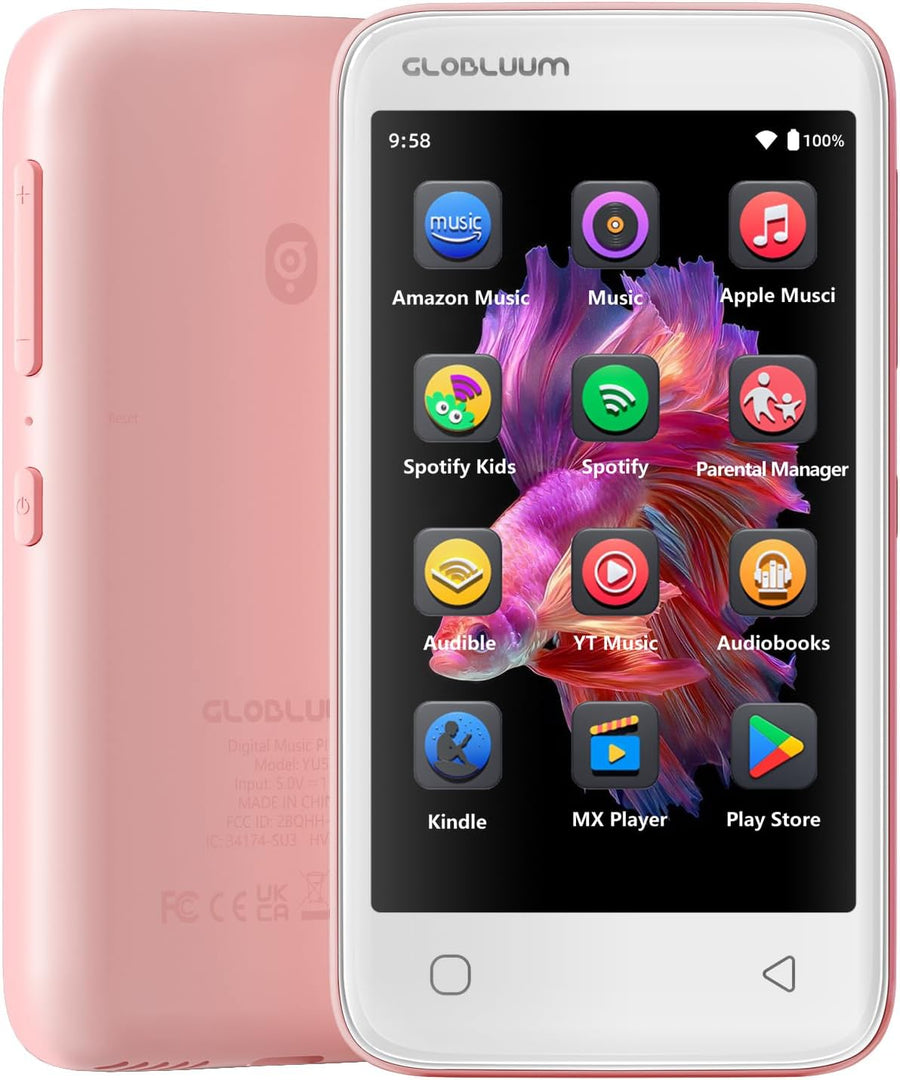 Lecteur MP3 Bluetooth WiFi, Spotify Compatible, Lecteur Musique 32 Go Streaming musical, Audible compatible, Android 14, écran 4", contrôle parental, adapté aux familles, Rose