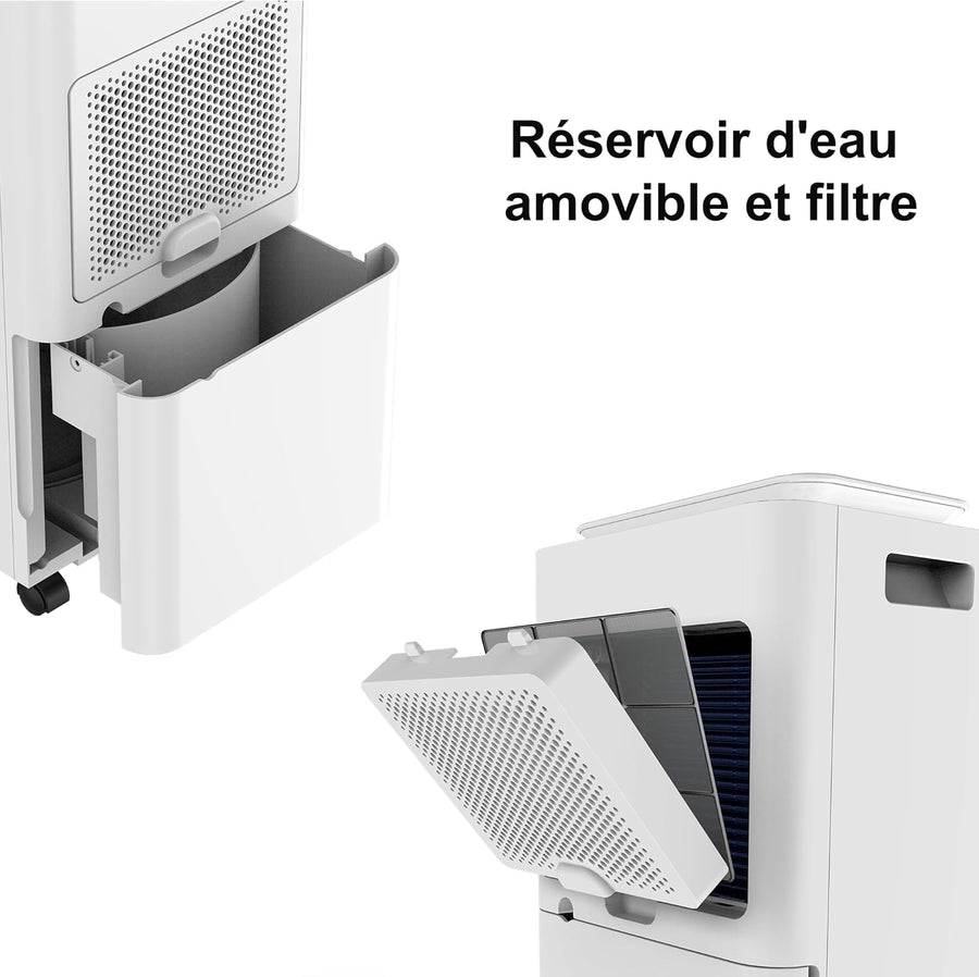 Déshumidificateur 12L/24H Idéal pour 18-24 m² (45-60 m³). Avec écran tactile, ventilation réglable, silencieux 42 dB, tuyau de vidange de 1 M