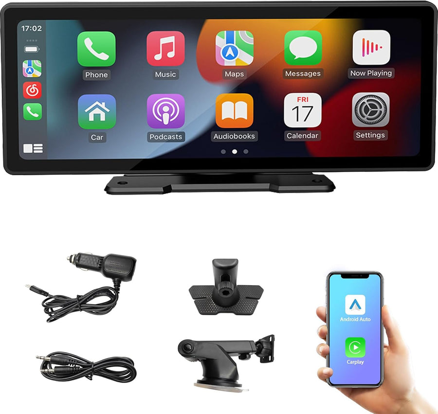 Écran Portable de Voiture 10,3'' HD IPS avec Android Auto et Apple CarPlay sans Fil, Émetteur FM Bluetooth, Compatible 7V-32V pour Camions et Fourgonnettes