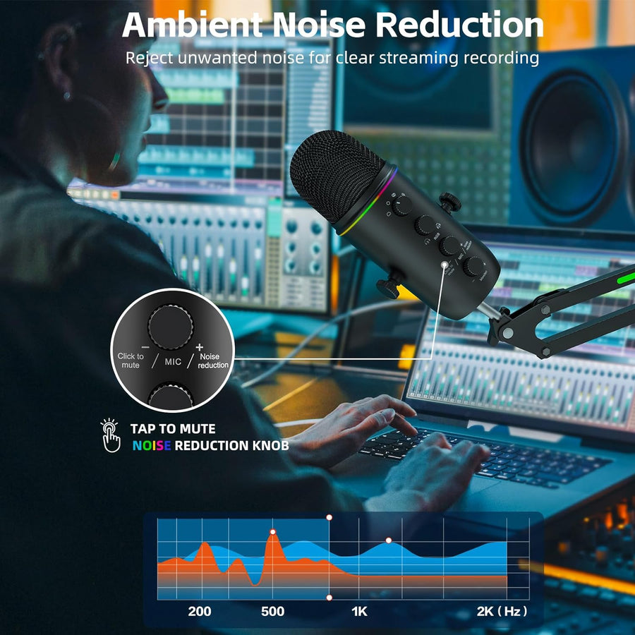 Micro à Condensateur USB Bouton Muet Lumière RGB 4 Pickup Patterns NOIR