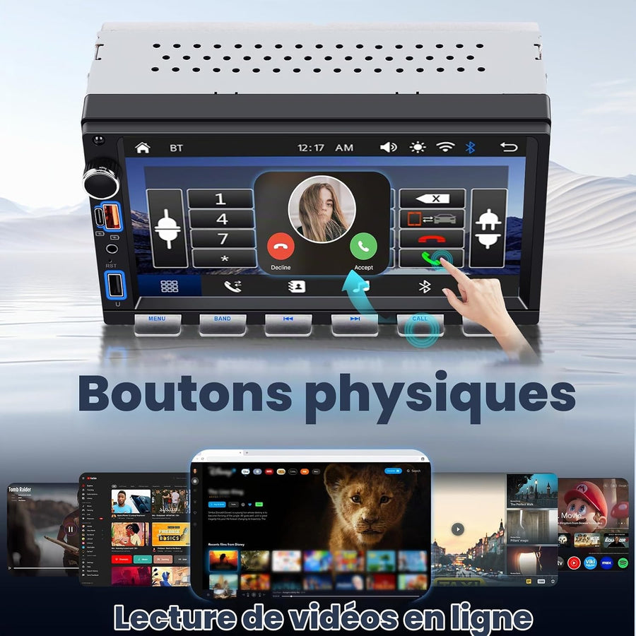 Ecran 2Din Autoradio avec Carplay sans Fil Android Auto, 7 Pouces Touches Piano 2 Din Écran Tactile Radio Voiture avec Bluetooth, Radio FM, EQ, Vidéo en Ligne, Mirror Link, USB/AUX/Type-C, SWC