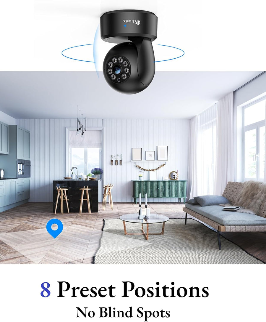 Lot de x2 Ctronics Caméra WiFi Intérieure 2.5K 4MP, WiFi 2.4/5GHz, PC & Smartphone, PTZ 355°/120°, 8 Positions Préréglées, Suivi Intelligent, Vision Nocturne Couleur, Audio Bidirectionnel