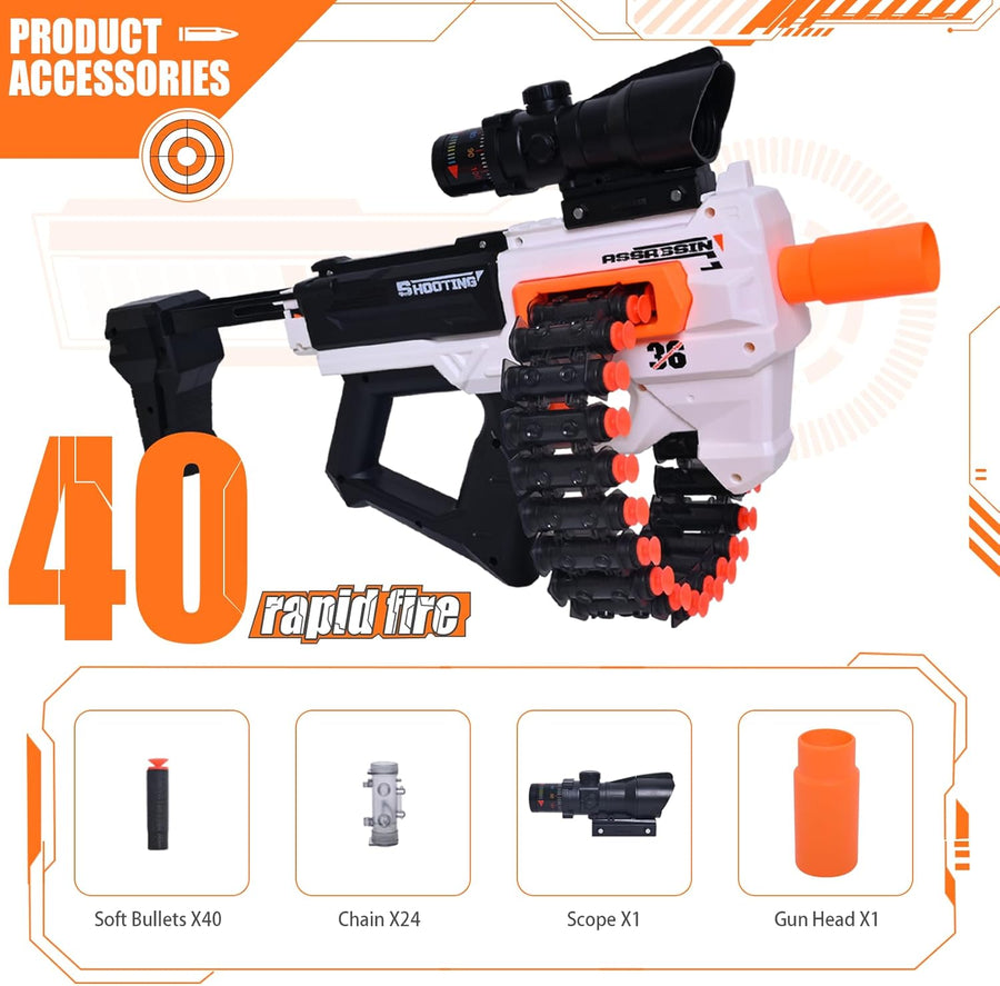 Pistolet Jouet Sniper Soft Bullet Gun - Blaster en Mousse avec Chargeur en Chaîne de 24 Darts, 40 Balles en Mousse et Lunette de Visée