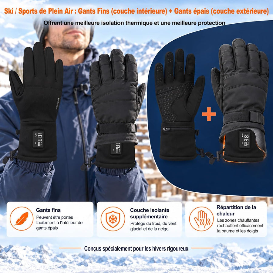 Gants Chauffants Fins Homme Femme Taille L, 2200mAh, LED, Tactile Hiver Gants fins batterie 7,4V, 3 niveaux 40–65°C LED, chauffe 5 doigts + paume + dos, tactile pour ski, vélo, moto, randonnée