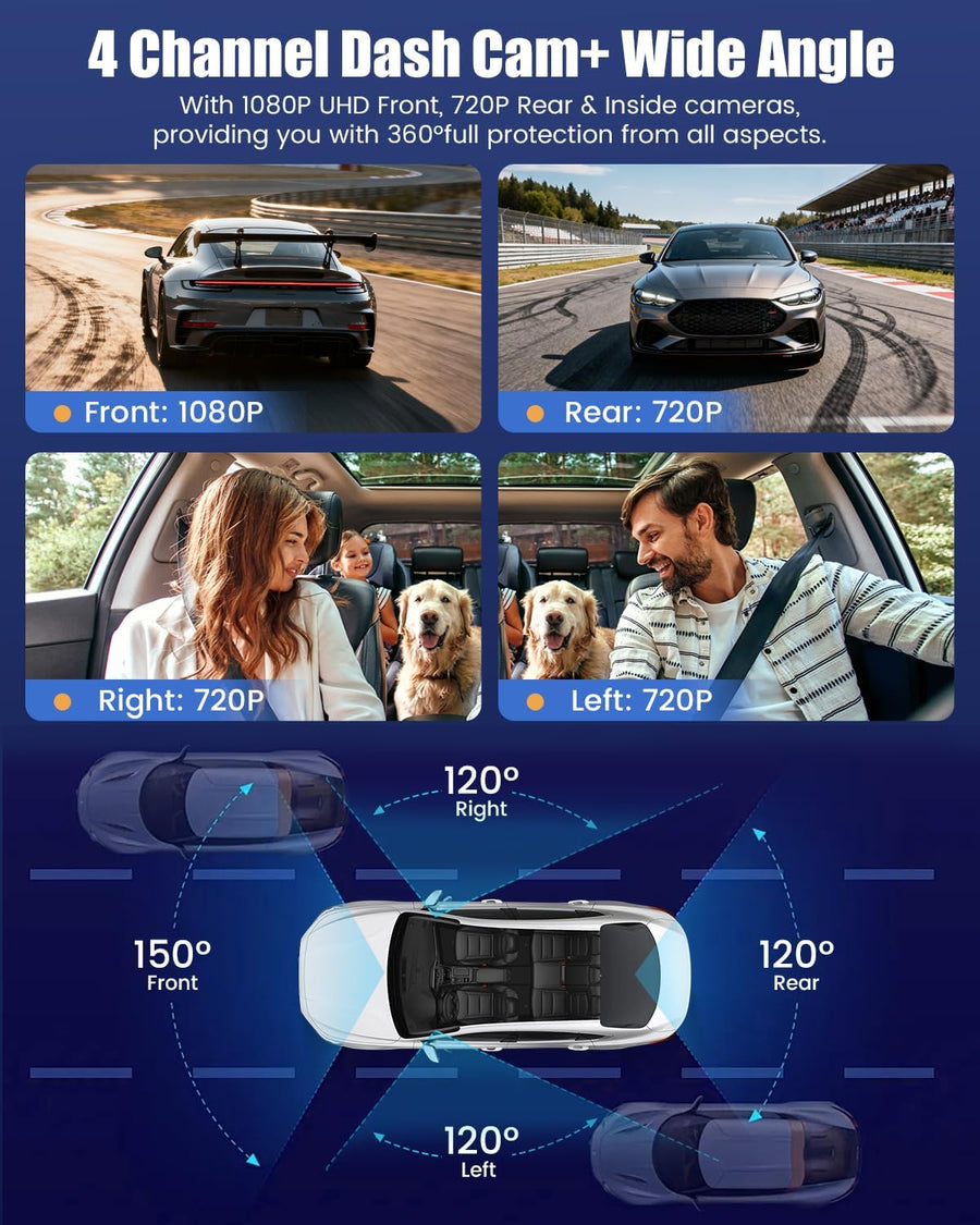 Dashcam Rétroviseur 4 Canaux 1080P, IPS Tactile 9,7 Pouces Trois Vues 720P, WiFi, Streaming, Aide au Recul, Enregistrement en Boucle et Carte 64 Go pour Conduite Quotidienne