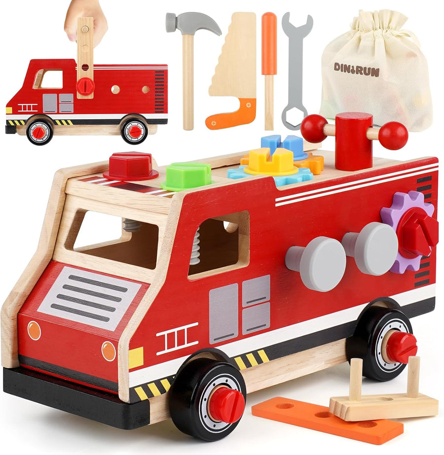 Jouet en Bois, Boite a Outils, Camion de Pompier Voiture Enfant, Montessori Jeux, 47 Pièces