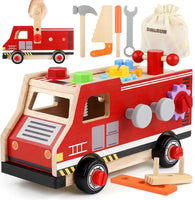 Jouet en Bois, Boite a Outils, Camion de Pompier Voiture Enfant, Montessori Jeux, 47 Pièces