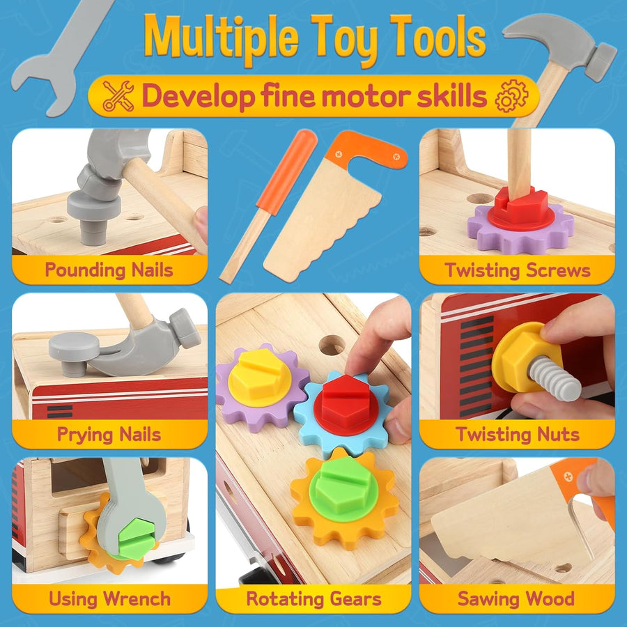 Jouet en Bois, Boite a Outils, Camion de Pompier Voiture Enfant, Montessori Jeux, 47 Pièces