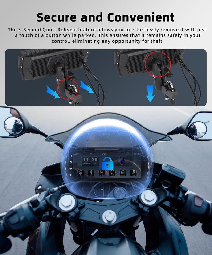 Écran CarPlay pour Moto avec 2 caméras, Enregistrement en Boucle, CarPlay sans Fil et Android Auto, enregistreur de Conduite écran Tactile Portable Bluetooth de 6,86 Pouces, Navigation/Siri