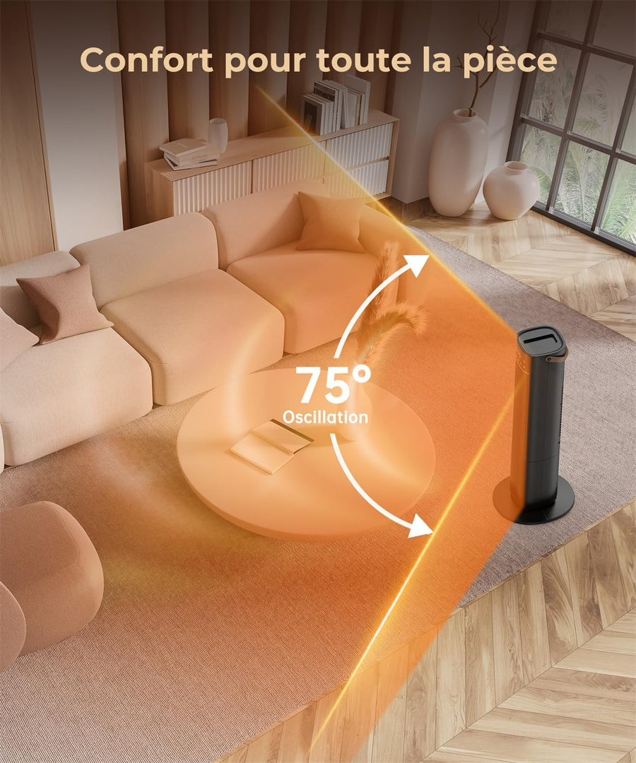 Chauffage d'Appoint soufflant silencieux 2000W avec Télécommande Oscillant à 75°, 3 Modes, Minuterie 24H, Protection contre Basculement/Surchauffe, Radiateur Electrique pour Chambre Salon