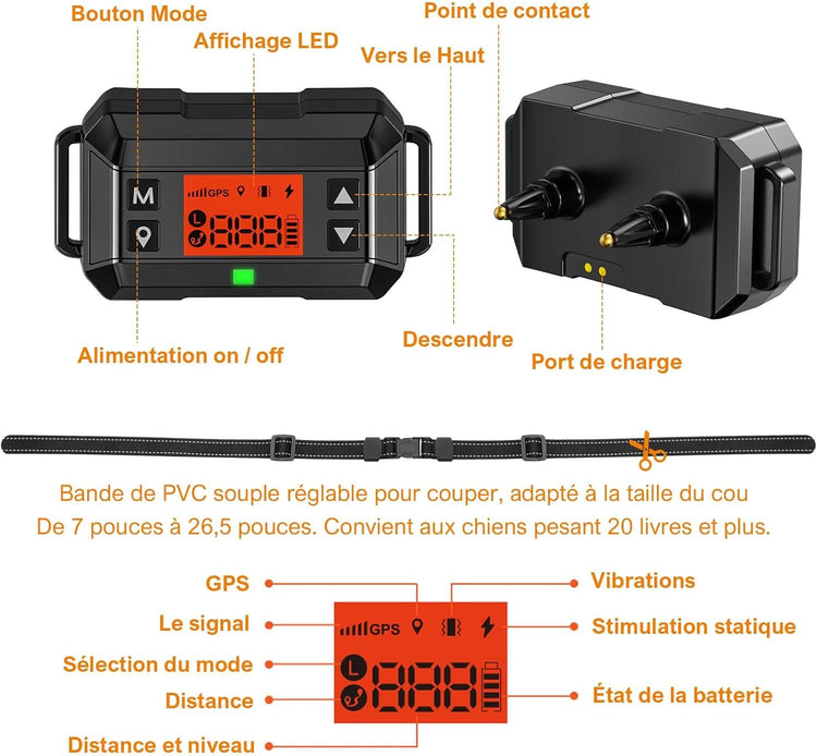 Collier Chien Clôture Anti-Fugue Sans Fil GPS Extérieur IPX7 Étanche Système Complet Amplification Signal GPS Intelligente Rayon Jusqu'à 1000m