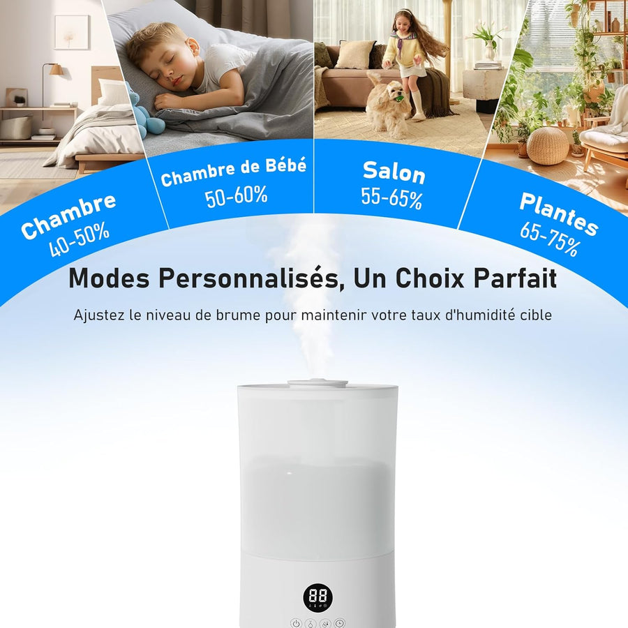 Humidificateur d'air Chambre 4L, Top-Fill, Télécommande, 40H Autonomie, Arrêt Automatique, Buse 360°, Minuterie 24 heures, 20 dB Silencieux
