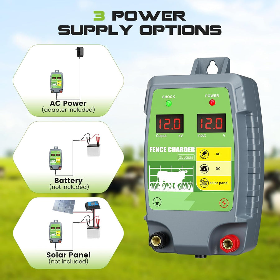 Dispositif de clôture électrique 2J 10 km Range de commande Energizer de clôture électrique étanche avec affichage LED 3 options d'alimentation pour les agriculteurs, les éleveurs