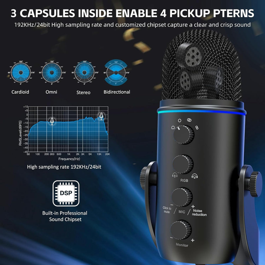 Micro à Condensateur USB Bouton Muet Lumière RGB 4 Pickup Patterns NOIR