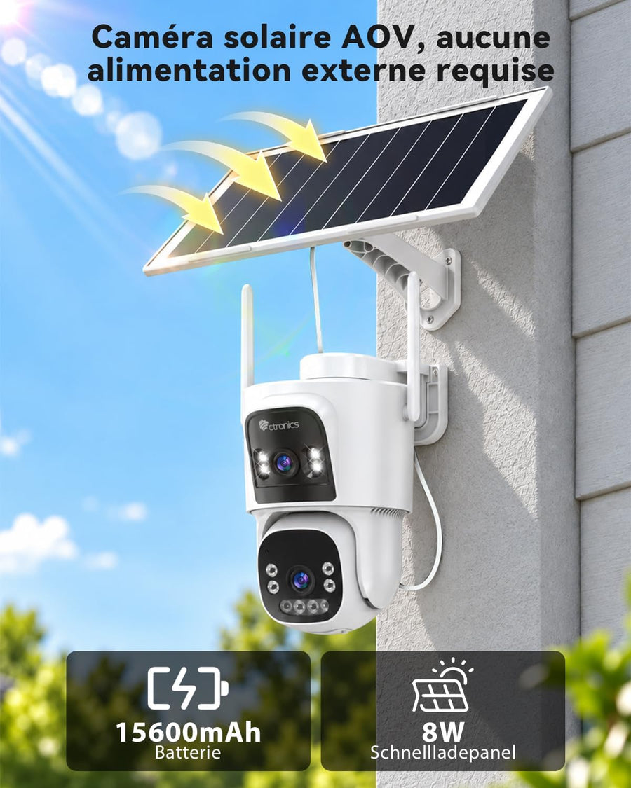 Camera Surveillance Solaire AOV Double Objectif,WiFi Extérieure 3MP+3MP Enregistrement 24/7, 8W & 15600mAh, 30m Détection Humaine Suivi Auto, Vision Nocturne, PTZ 355° IP66