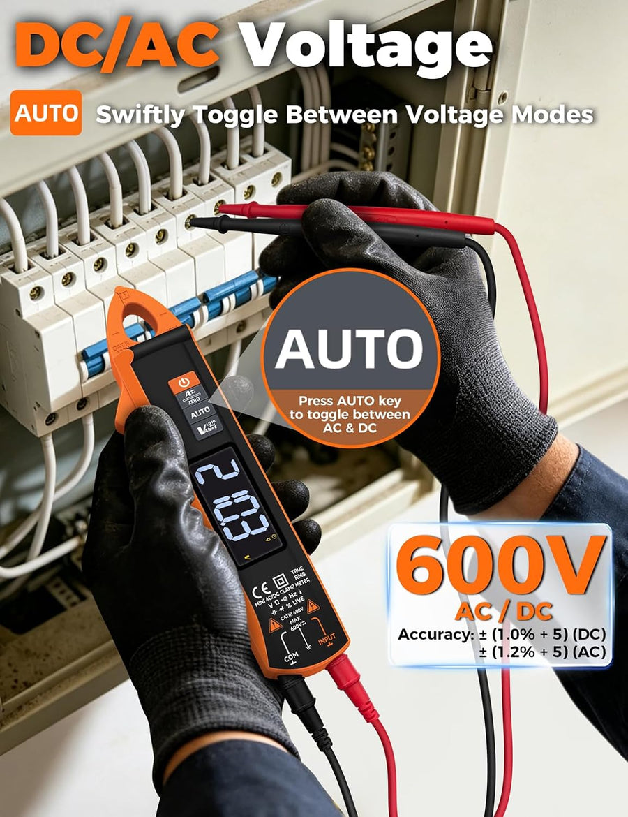 Pince multimètre , multimètre AC/DC 1mA/mV haute précision 6000 points, plage 100A/600V, détection NCV, résistance, capacité (nF/µF/mF), continuité et mode auto