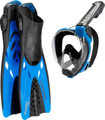 CRESSI Baron+Tonga Combo - Set Masque Intégral Baron, Large Vision, Système Antibuée, Respiration Facile+ Palmes Tonga Légères et Réglables Taille L-XL BLEU