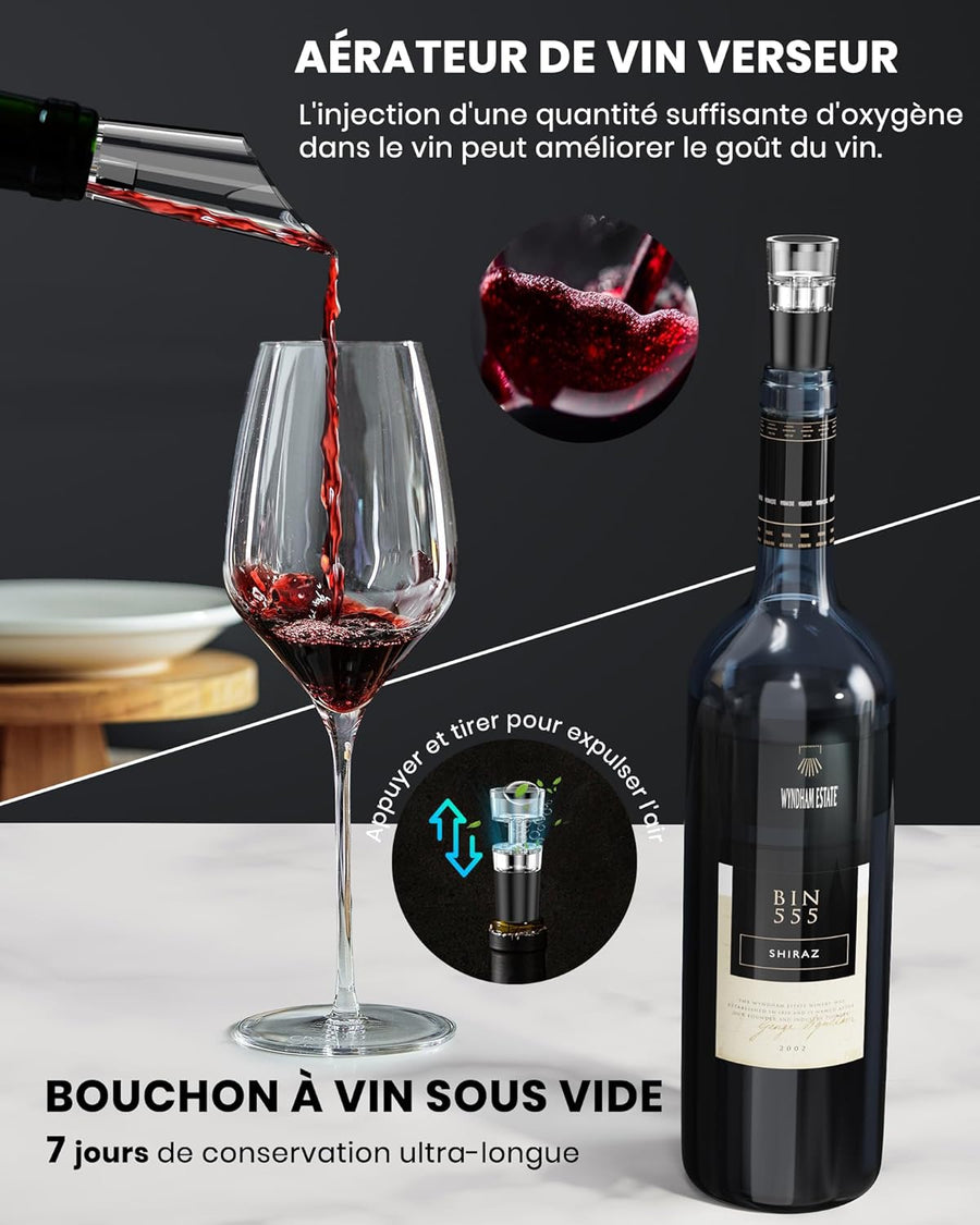 Tire bouchon electrique rechargeable inox, ouvre bouteille electrique idee cadeau anniversaire homme femme avec bec verseur aérateur, 2 bouchon vin vide air, coupe-fil et câble chargement USB