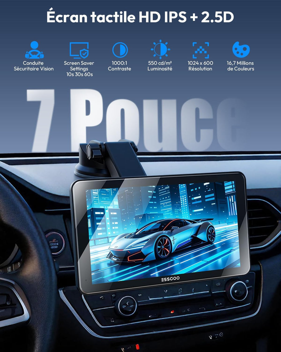 Écran Voiture 7 Pouces CarPlay sans Fil avec Caméra de Recul HD Android Auto Apple CarPlay,Portable Autoradio,Écran Tactile IPS,Mirror Link,Bluetooth 5.3,Commande Vocale,Navigation GPS,AUX