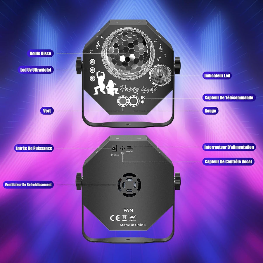 Jeux de Lumiere 4en1 pour Soiree avec Boule Disco, LED RGB Jeu de Lumiere Soiree DJ, Commande Vocale Stroboscope lumiere pour Fêtes Familiales, Boîtes De Nuit, Halloween, Noël