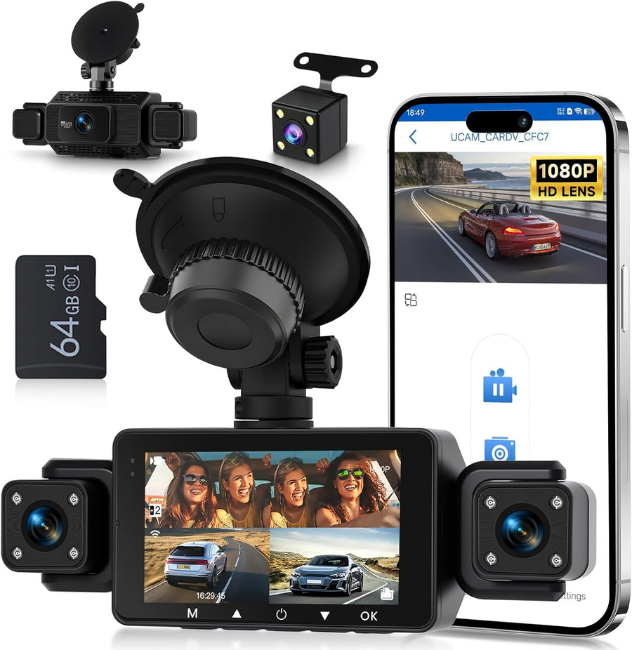 Dashcam Voiture 360° avec 5GHz WiFi, 4 Caméras Avant Arrière Intérieur Gauche, Nachtsicht Ohne Licht, Écran Tactile IPS 3", Enregistrement en Boucle, Capteur G,Contrôle Via Application