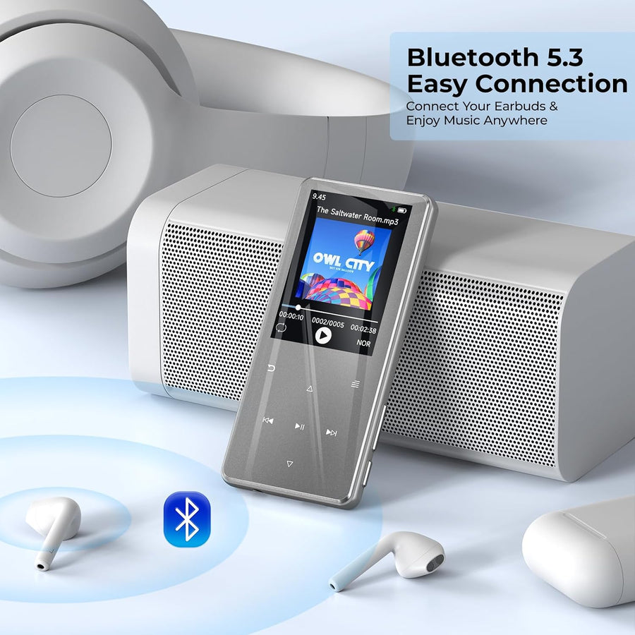 Lecteur MP3 64GB Bluetooth 5.3,Écran 2,4", Boutons Tactiles Extensible jusqu'à 128 Go, 45h d'autonomie en lecture, haut-parleur intégré, son Hi-Fi, radio FM et enregistreur vocal
