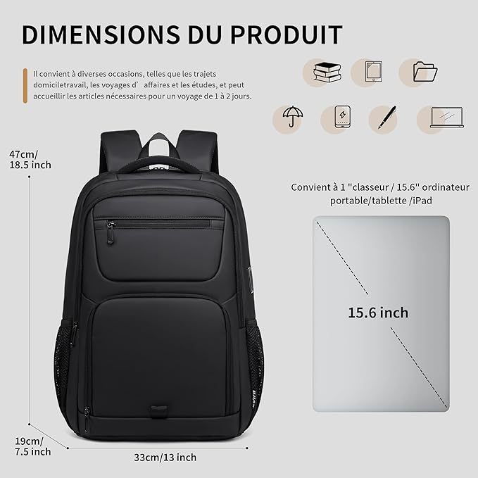 Sac à dos pour ordinateur portable de voyage pour hommes et femmes - 35 l - Noir - Avec port de charge USB - Étanque pour ordinateur portable de 15,6 po, tablette, ordinateur