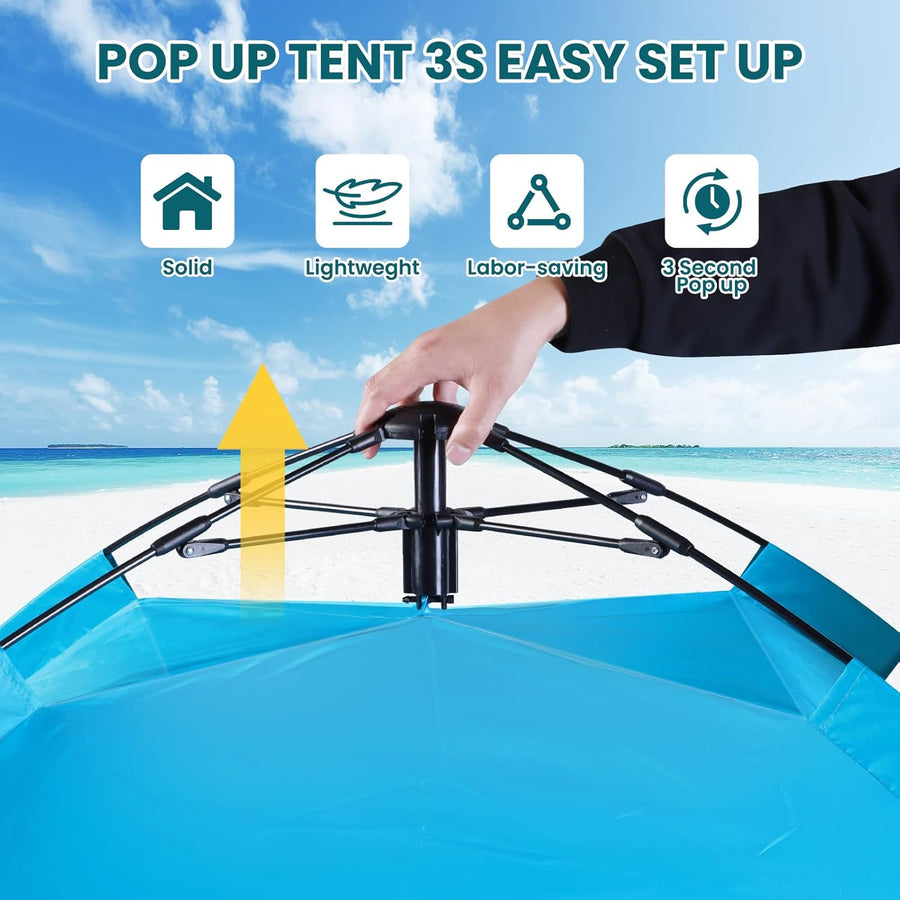 Tente de plage instantanée automatique Quick Up avec véranda extensible 3, protection UV 50+ contre le vent pour la plage, la famille, le jardin, le camping - Bleu
